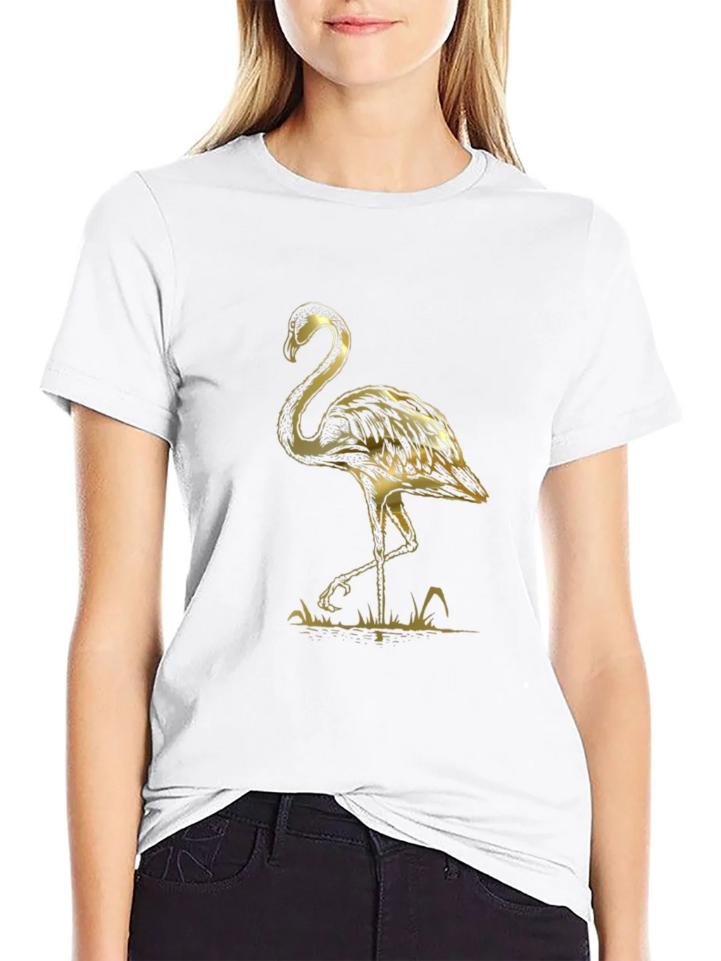 Black T-Shirt with Gold Flamingo Graphic Print product image 8