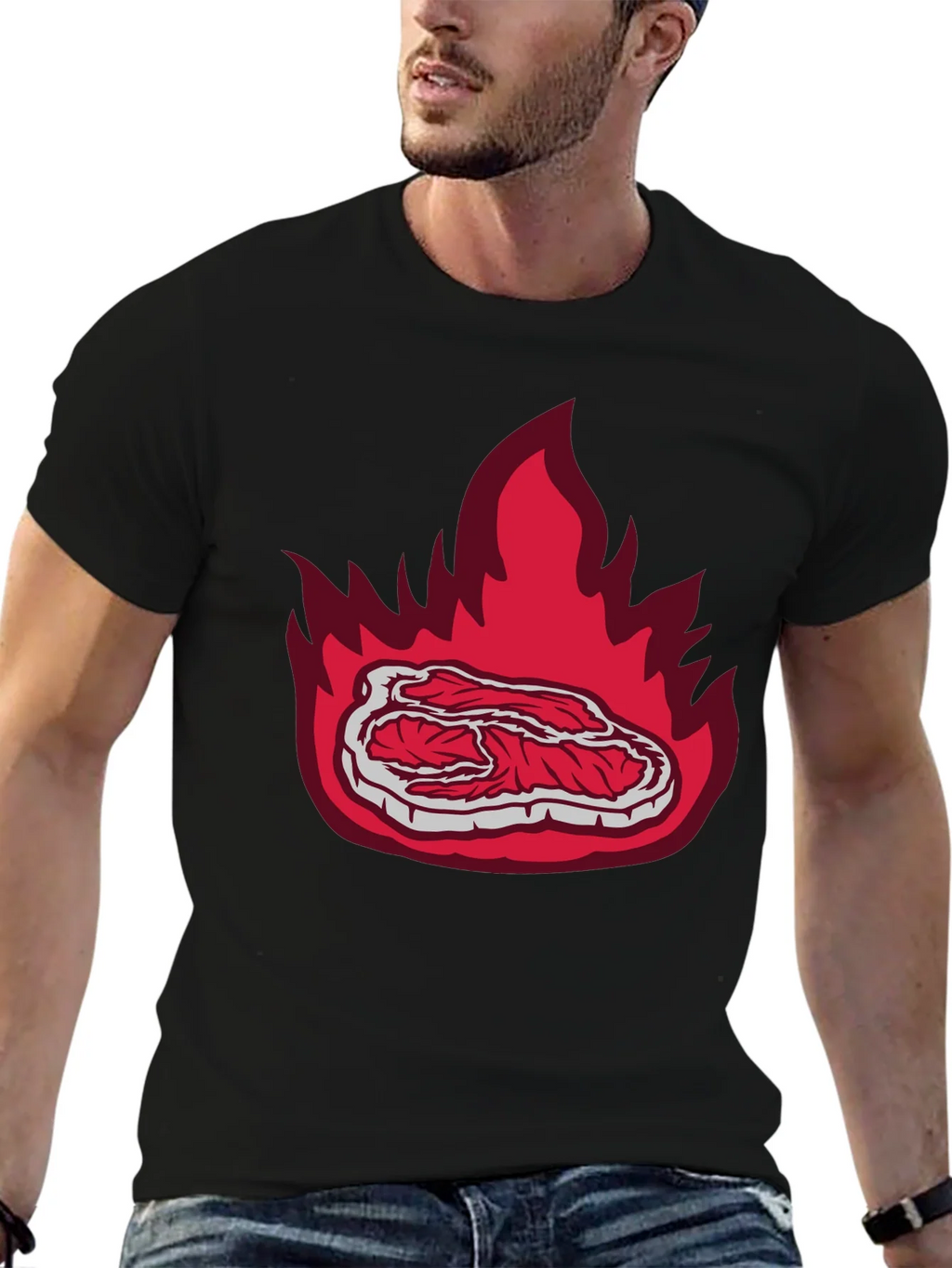 Burning Steak Graphic T-Shirt - Black Casual Tee product image 6