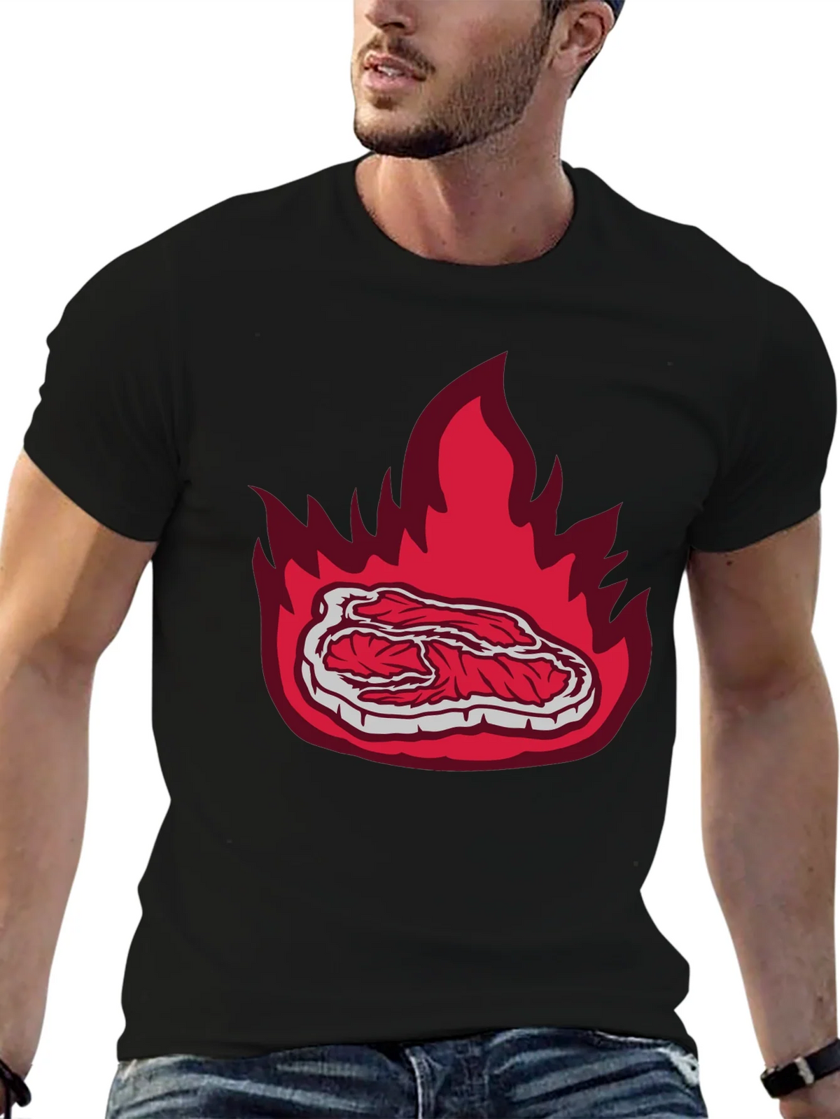 Burning Steak Graphic T-Shirt - Black Casual Tee product image 6