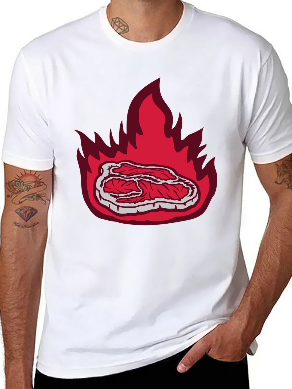 Burning Steak Graphic T-Shirt - Black Casual Tee product image 7