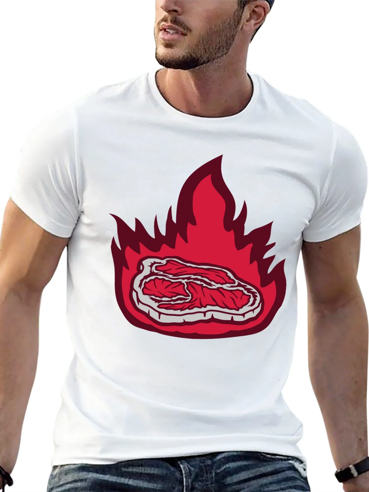 Burning Steak Graphic T-Shirt - Black Casual Tee product image 12