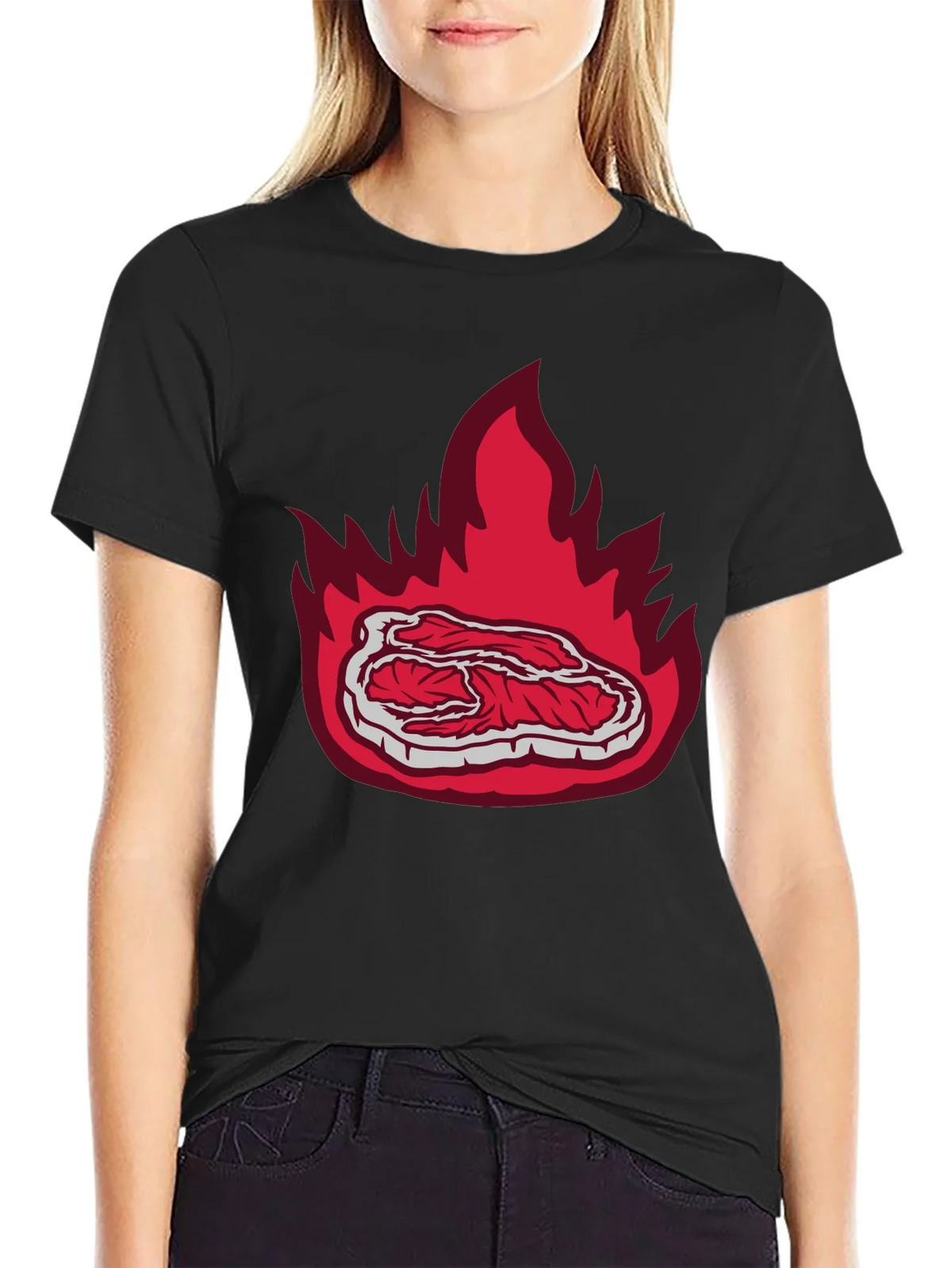 Burning Steak Graphic T-Shirt - Black Casual Tee product image 2