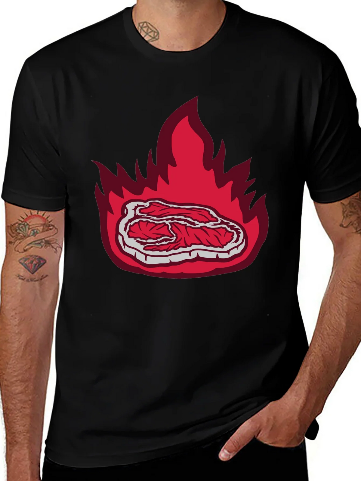Burning Steak Graphic T-Shirt - Black Casual Tee product image 1