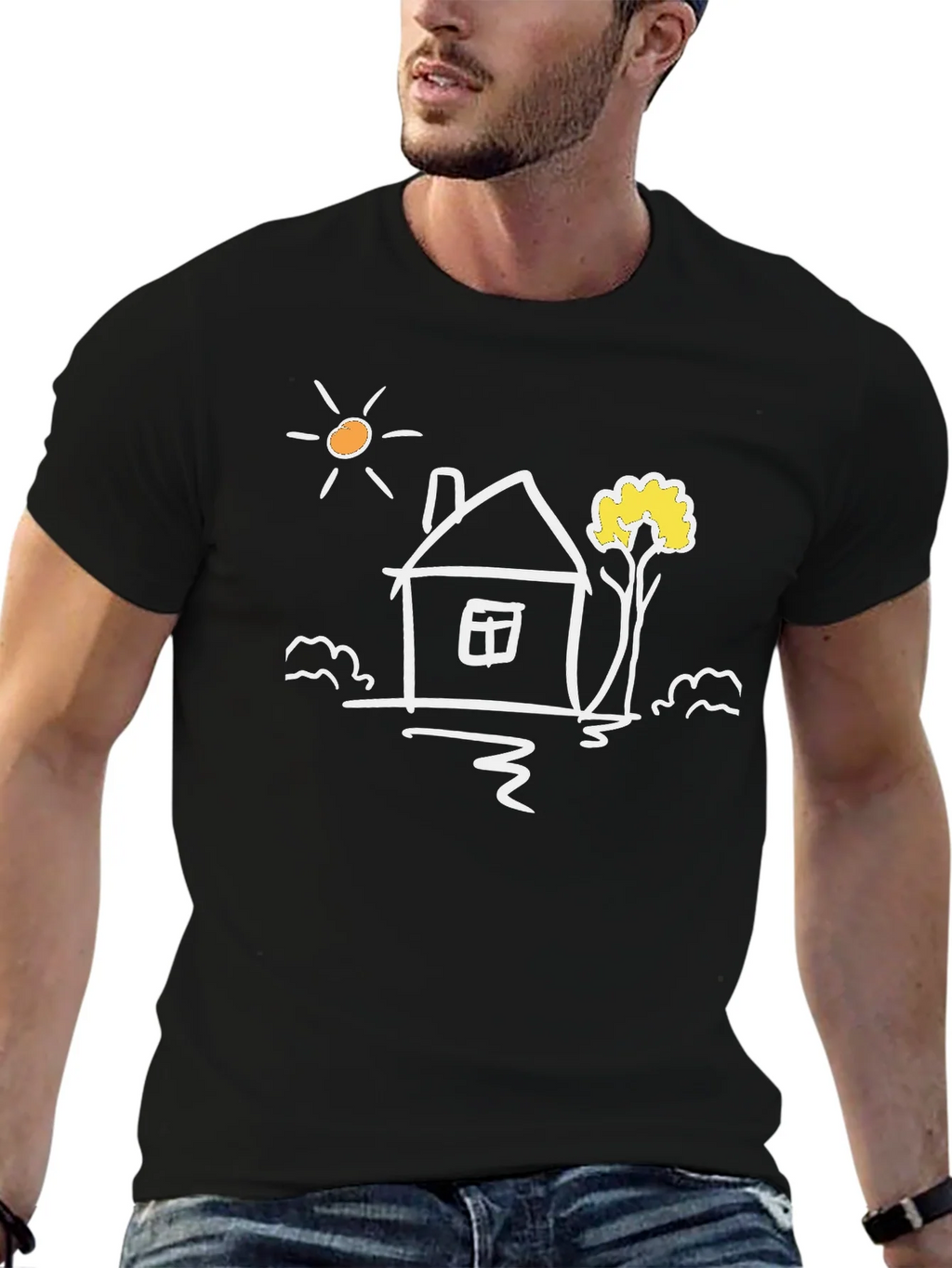 Black Cotton Tee with Whimsical House Graphic product image 6