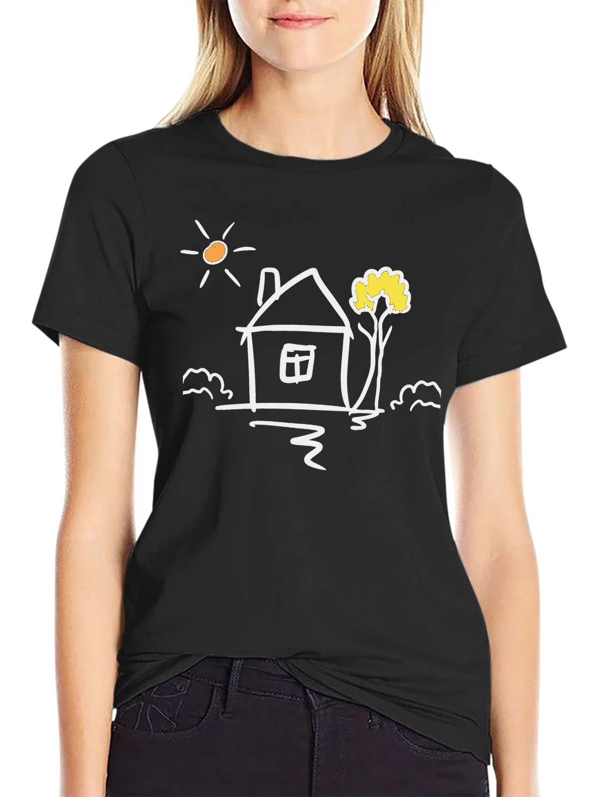 Black Cotton Tee with Whimsical House Graphic product image 2