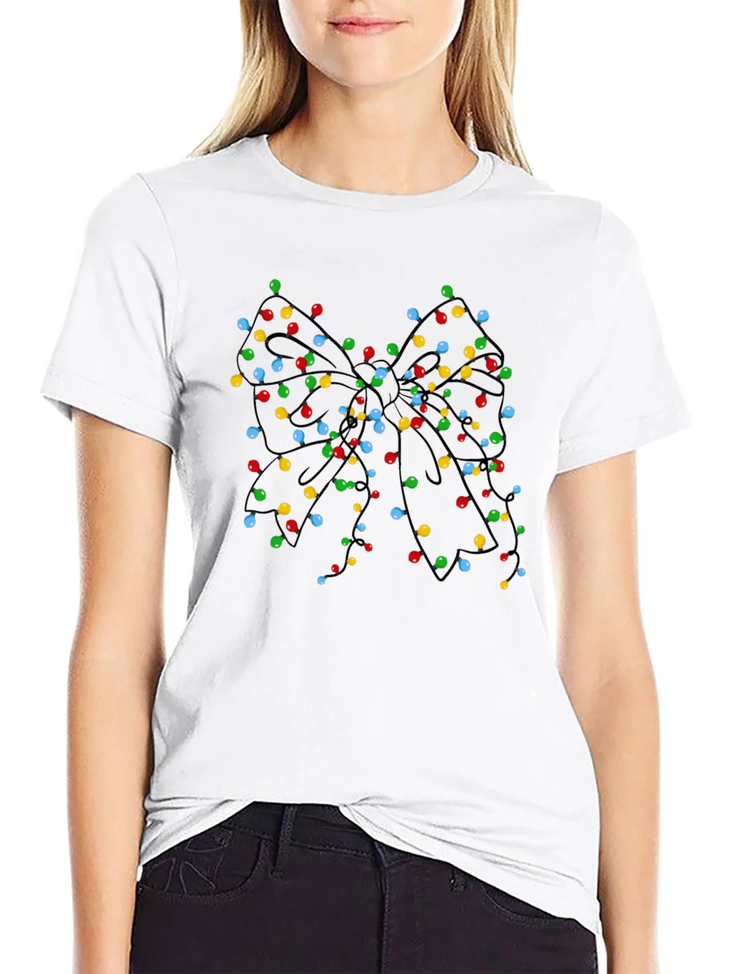 Christmas Lights Bow Black T-Shirt product image 8