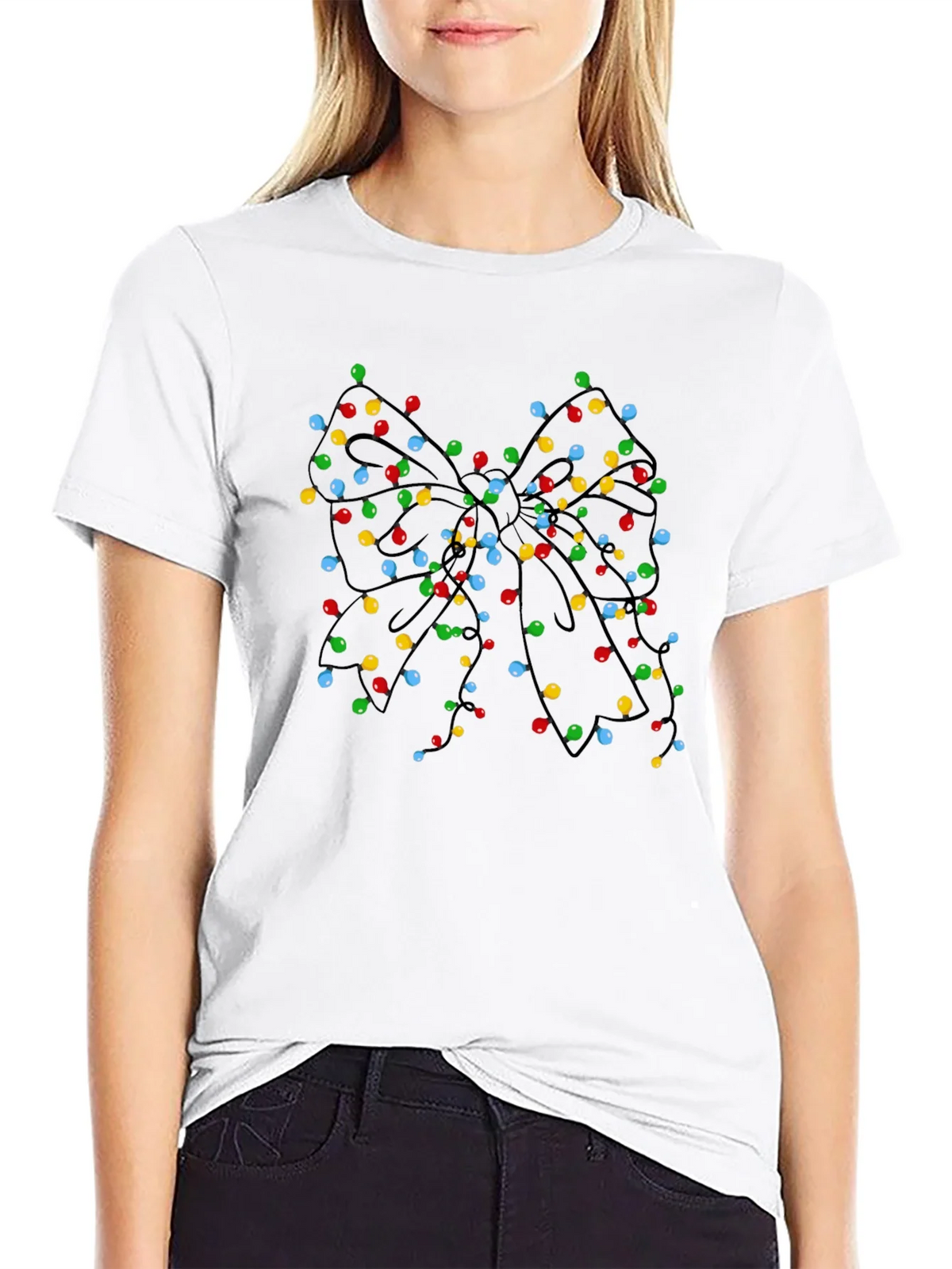 Christmas Lights Bow Black T-Shirt product image 8