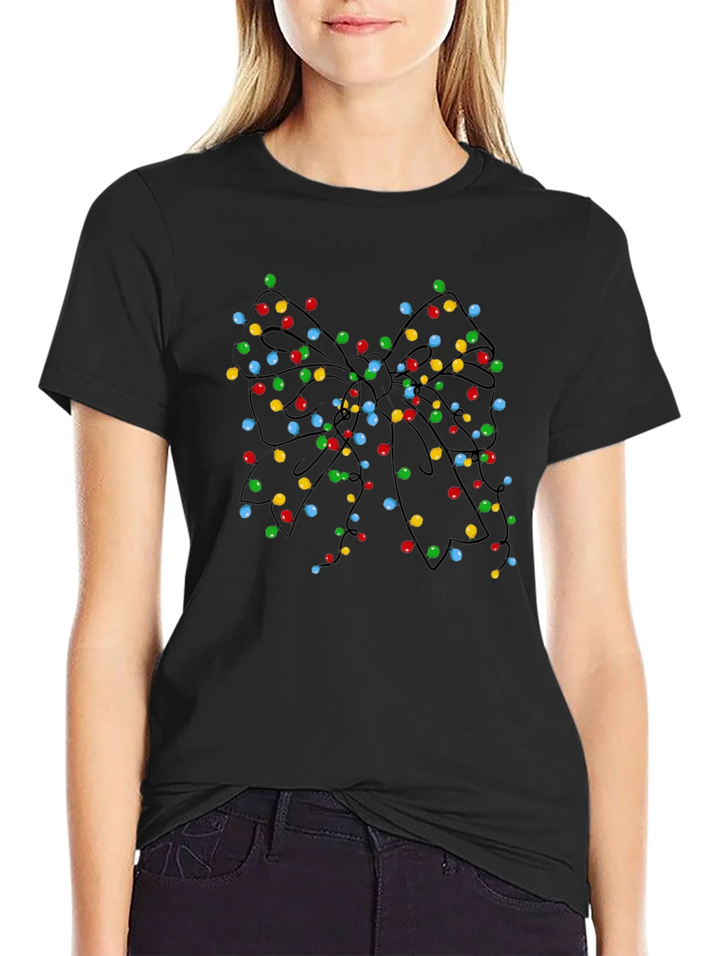 Christmas Lights Bow Black T-Shirt product image 2