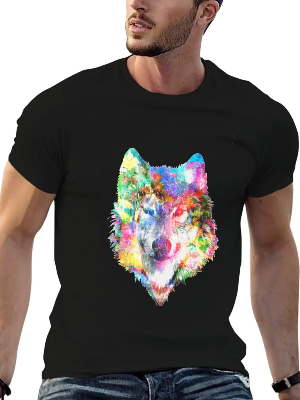 Colorful Wolf Graphic Black T-Shirt product image 4