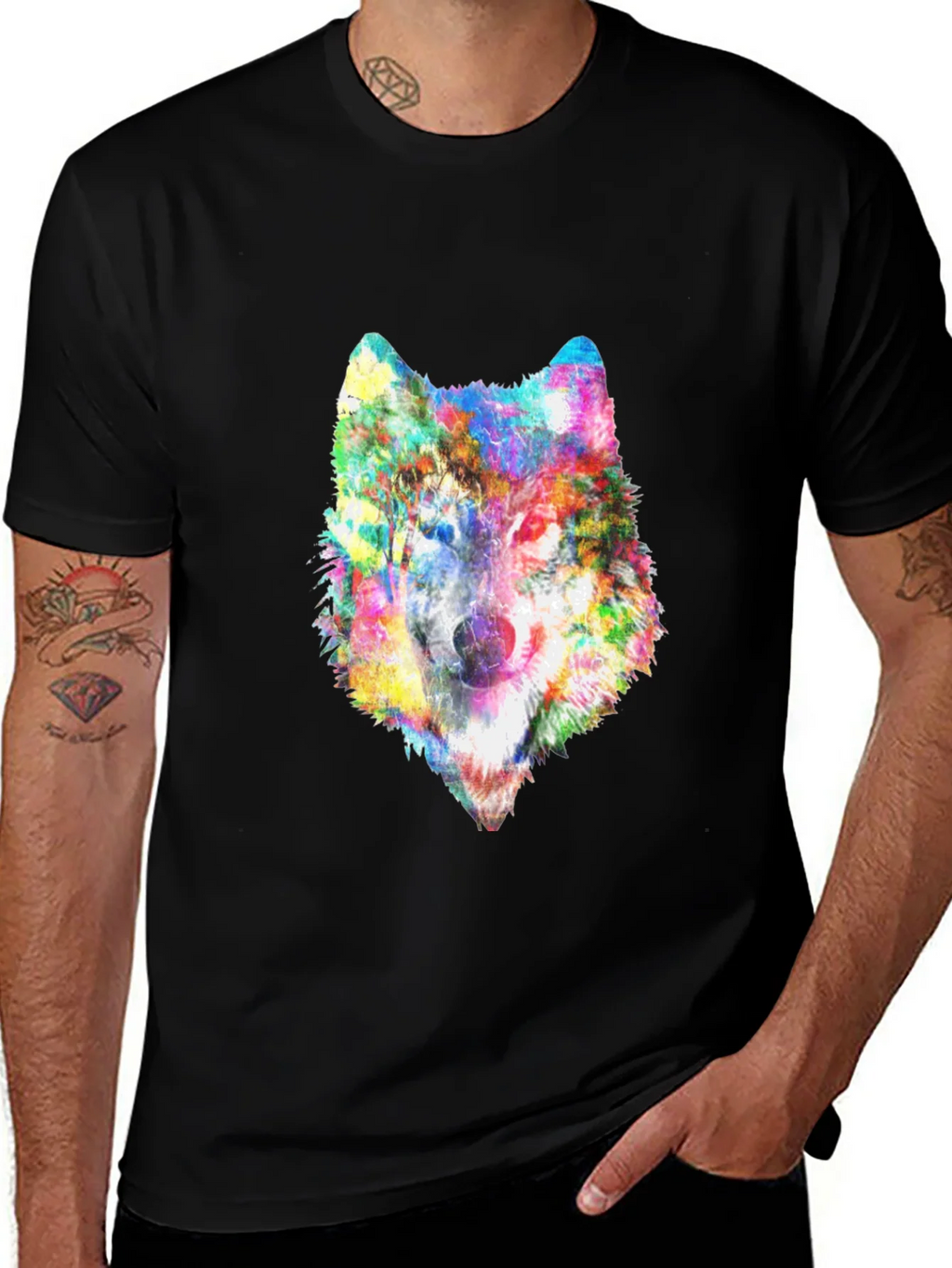Colorful Wolf Graphic Black T-Shirt product image 1