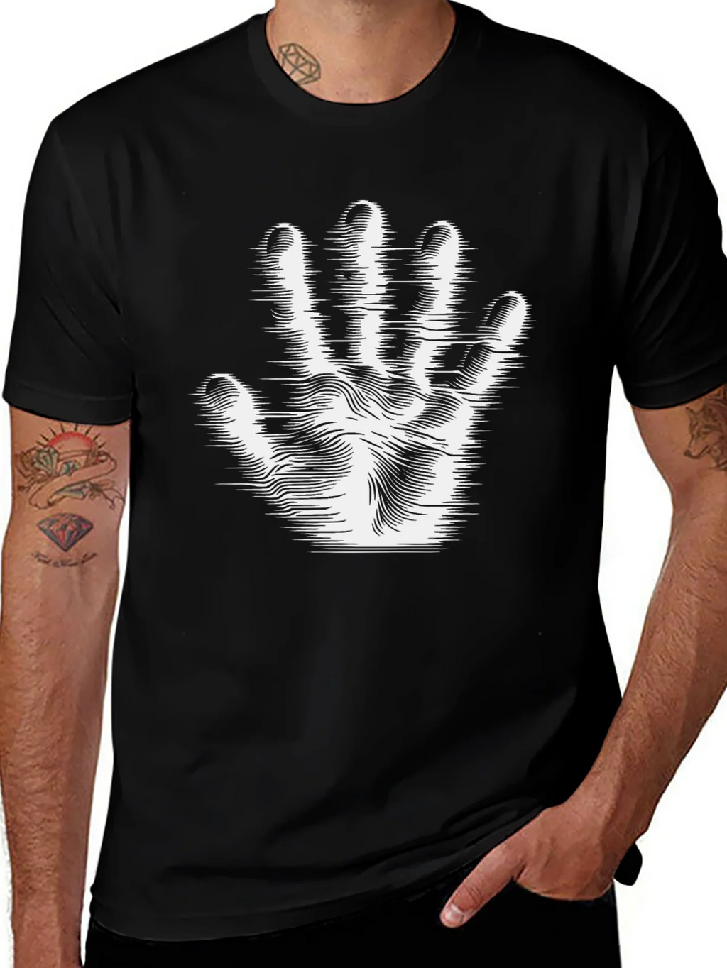 Optical Illusion Hand Print Black T-Shirt product image 1