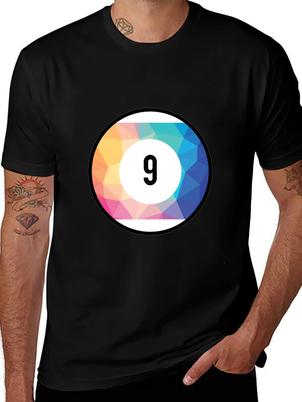 Mens Black T-Shirt with Colorful Number 9 Ball Graphic product image 1