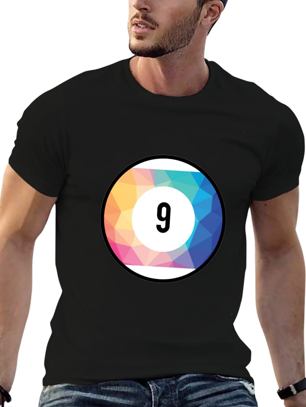 Mens Black T-Shirt with Colorful Number 9 Ball Graphic product image 6