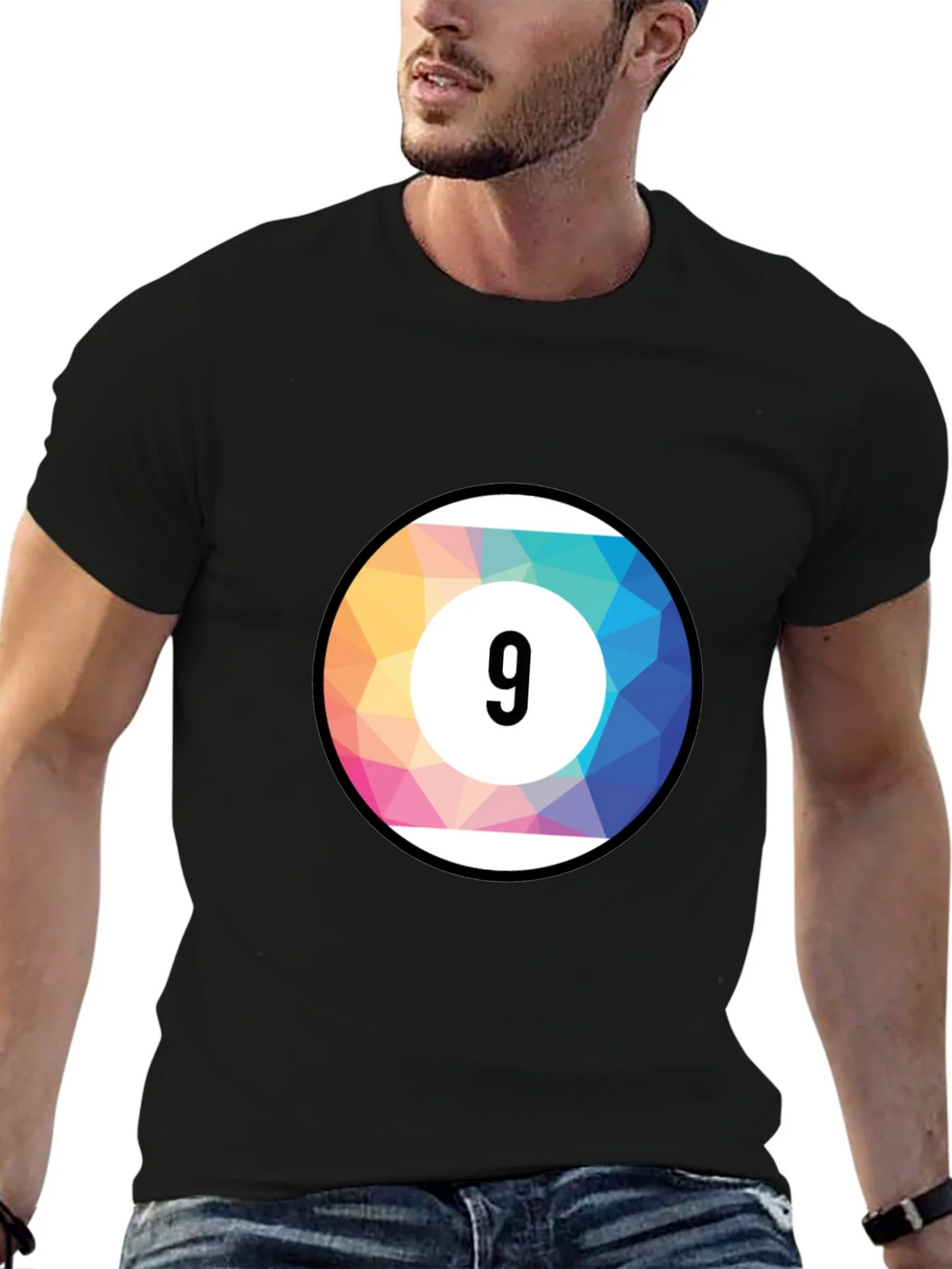 Mens Black T-Shirt with Colorful Number 9 Ball Graphic product image 6