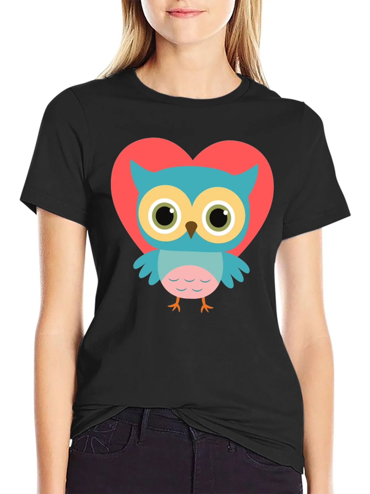 Cute Owl Heart Graphic Black T-Shirt product image 1