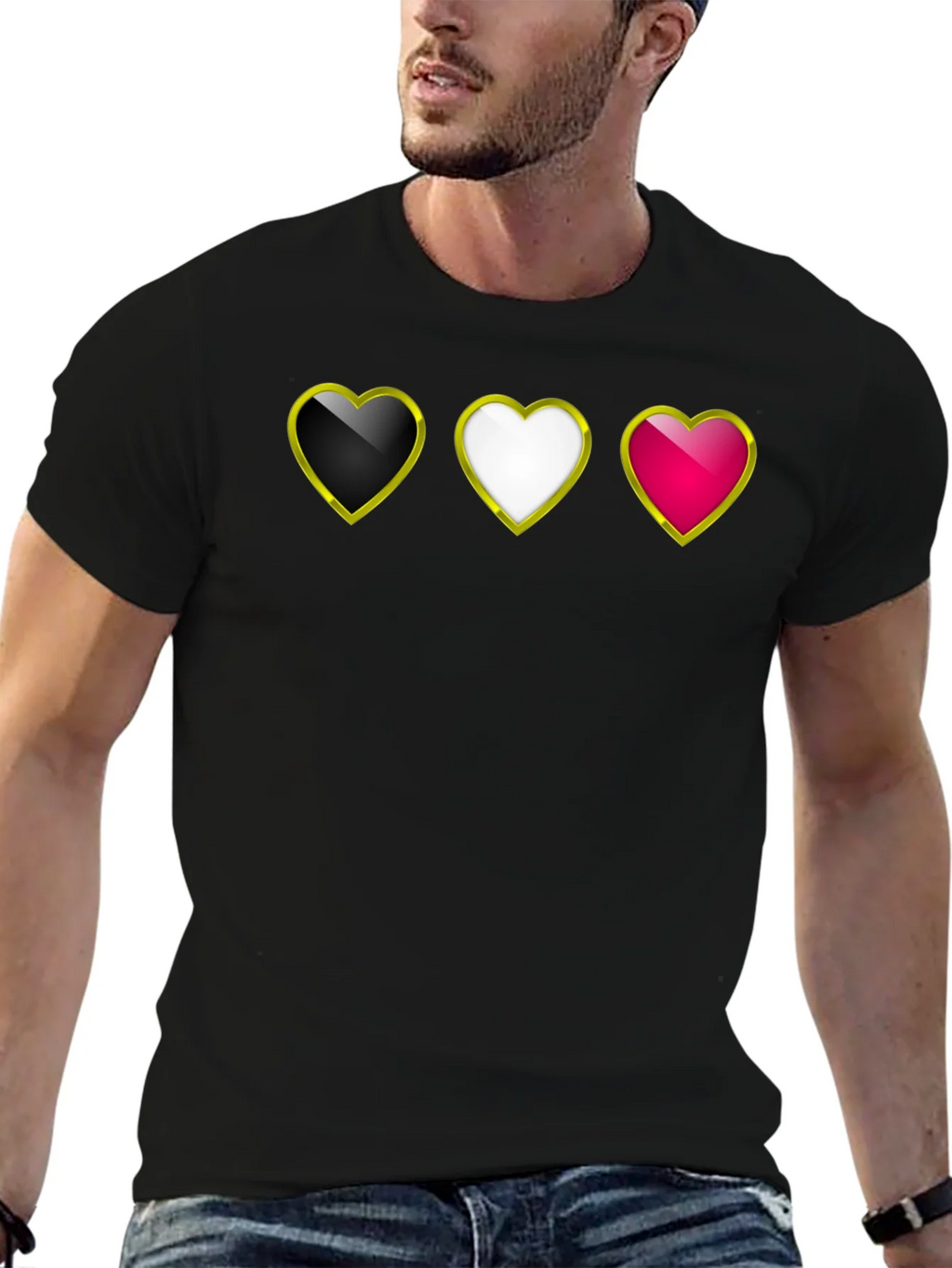 Heart Trio Black T-Shirt: Gold Trim Hearts Design product image 6