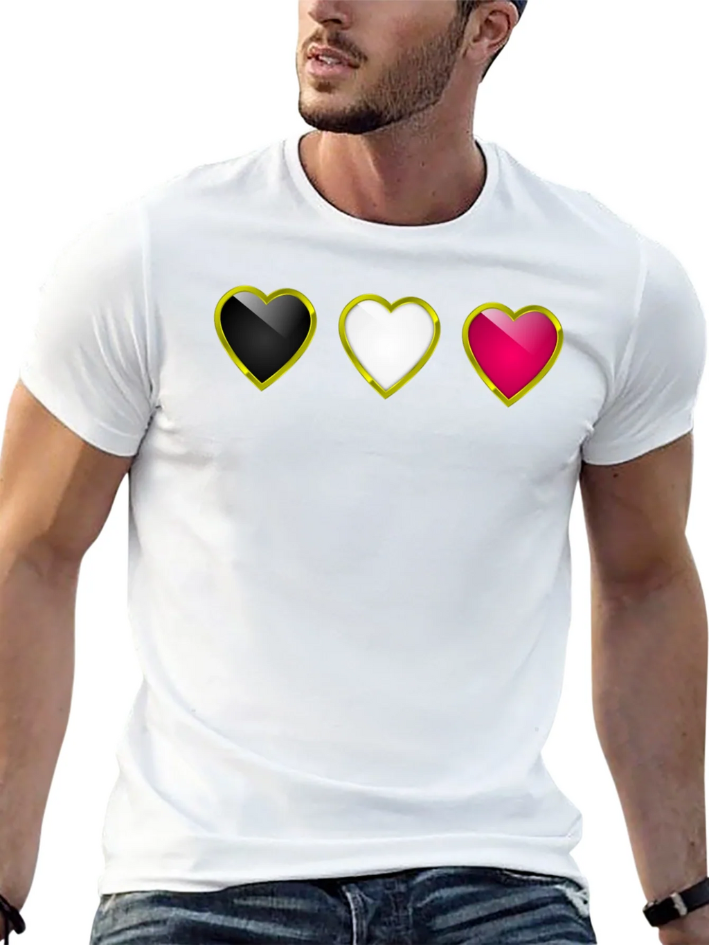 Heart Trio Black T-Shirt: Gold Trim Hearts Design product image 12
