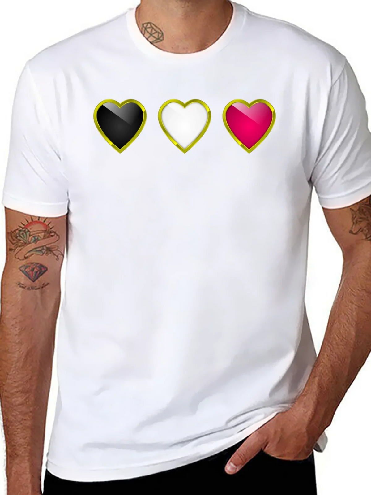 Heart Trio Black T-Shirt: Gold Trim Hearts Design product image 7