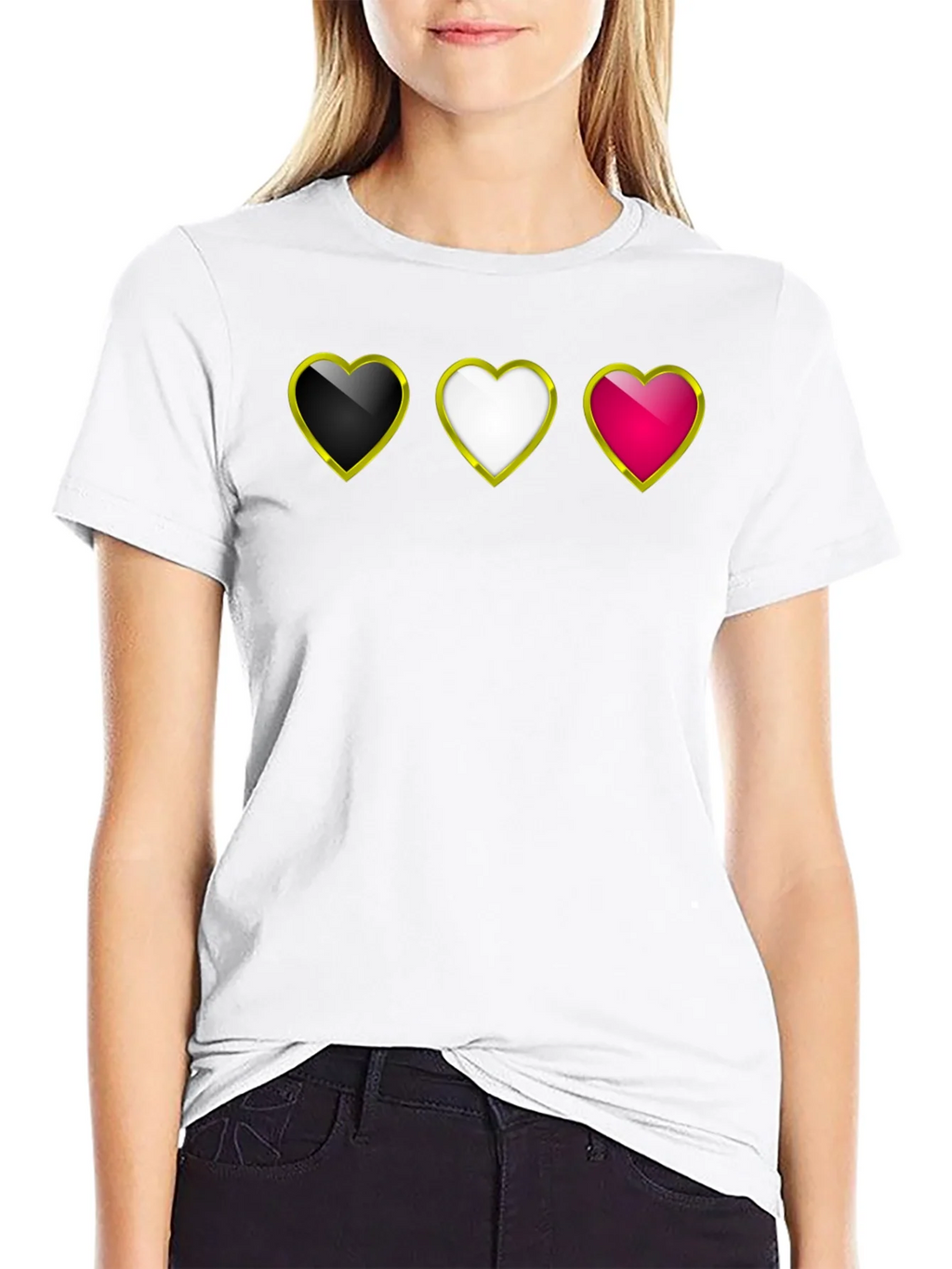 Heart Trio Black T-Shirt: Gold Trim Hearts Design product image 8