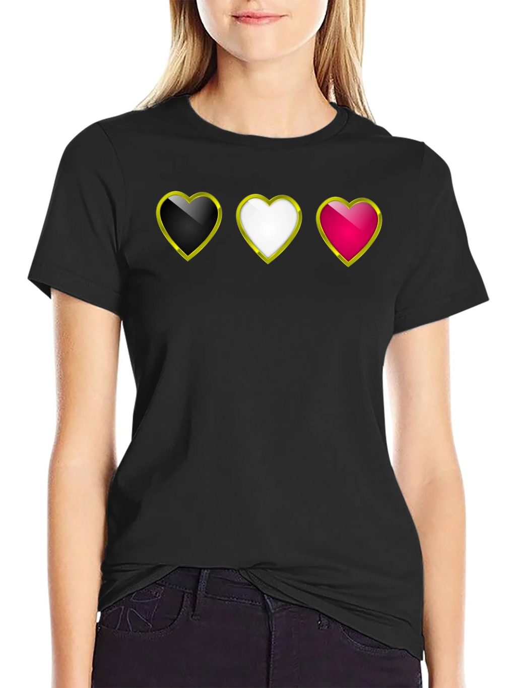 Heart Trio Black T-Shirt: Gold Trim Hearts Design product image 2