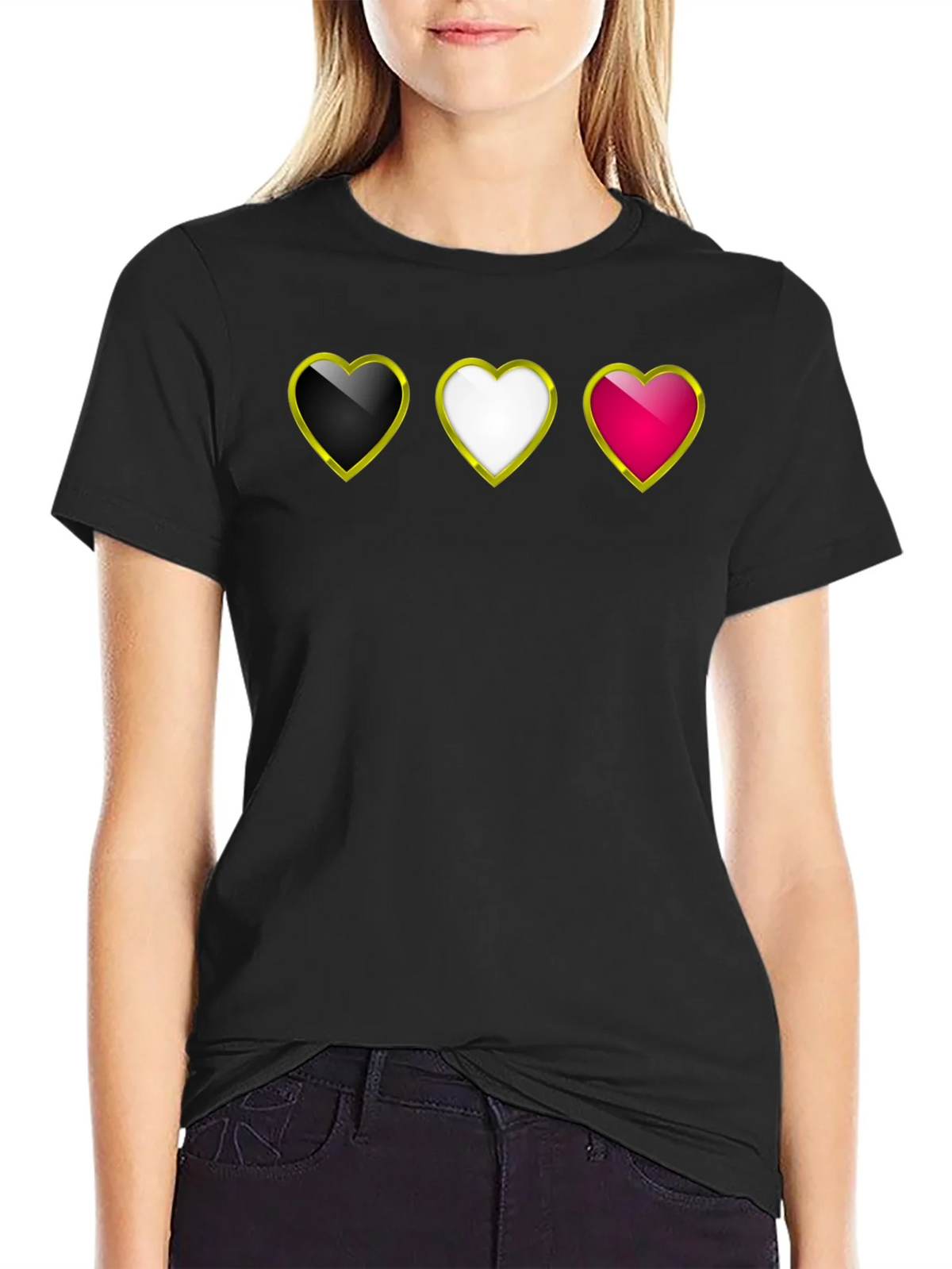 Heart Trio Black T-Shirt: Gold Trim Hearts Design product image 2