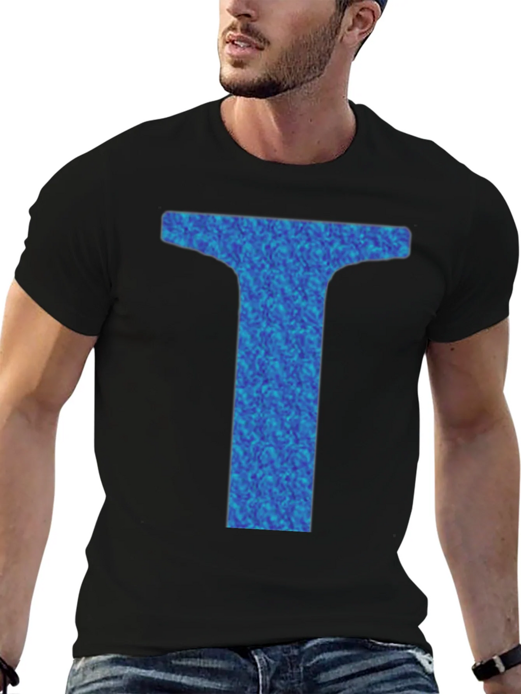 Abstract Blue Letter T Graphic Black T-Shirt product image 3