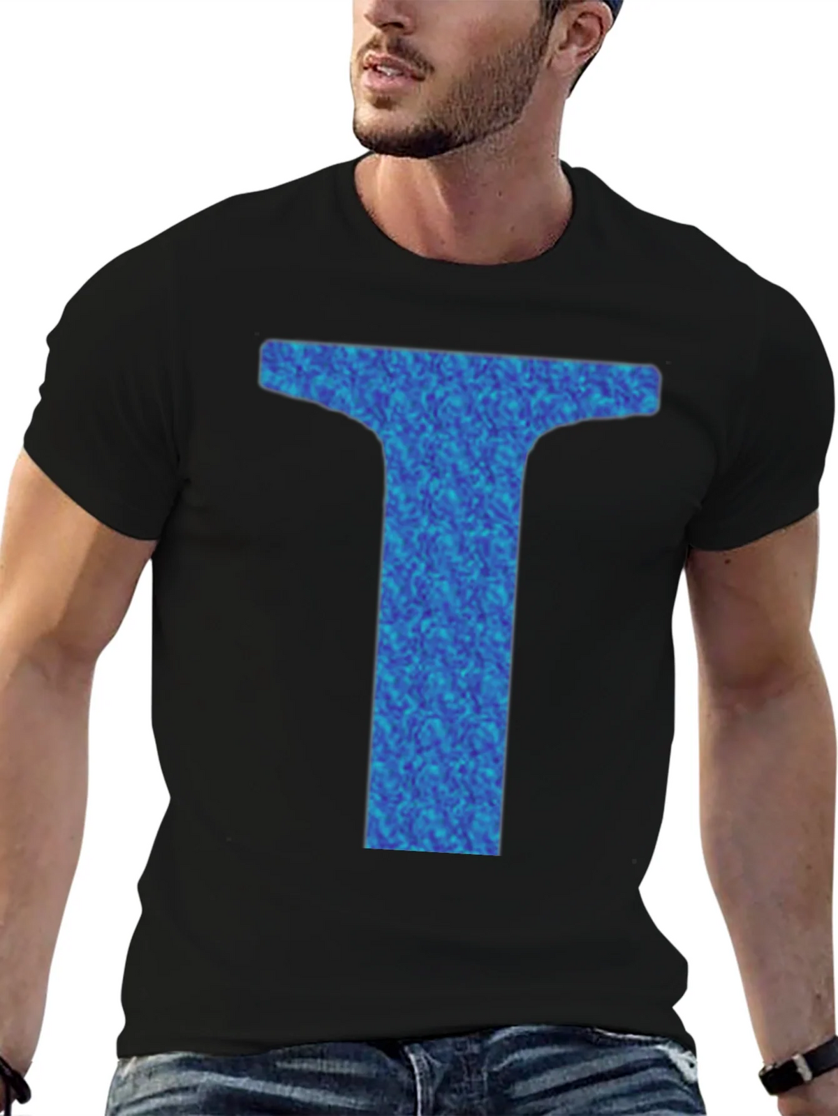 Abstract Blue Letter T Graphic Black T-Shirt product image 3