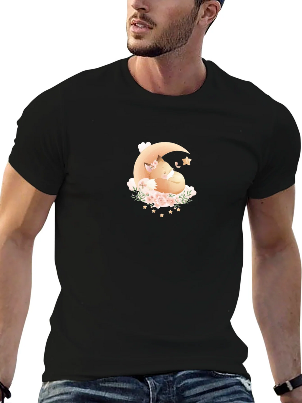 Dreamy Fox Moon Graphic Black T-Shirt product image 5