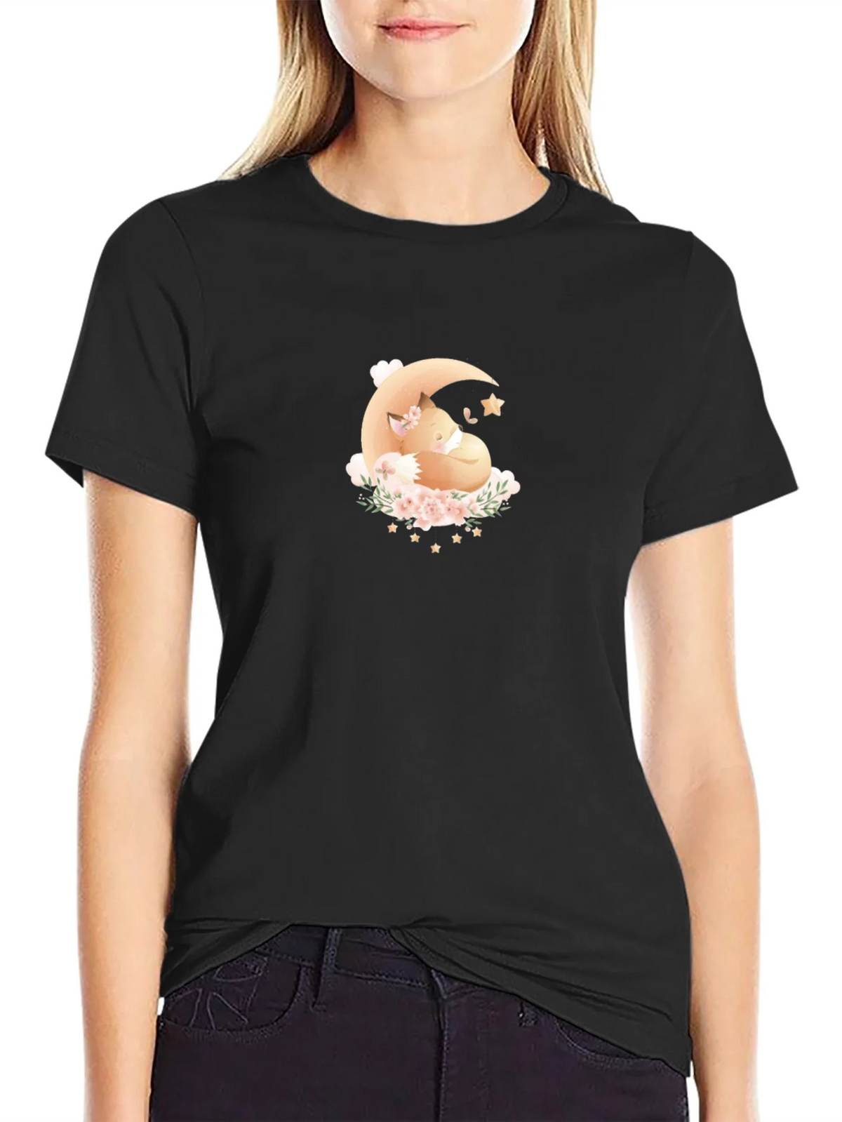 Dreamy Fox Moon Graphic Black T-Shirt product image 2
