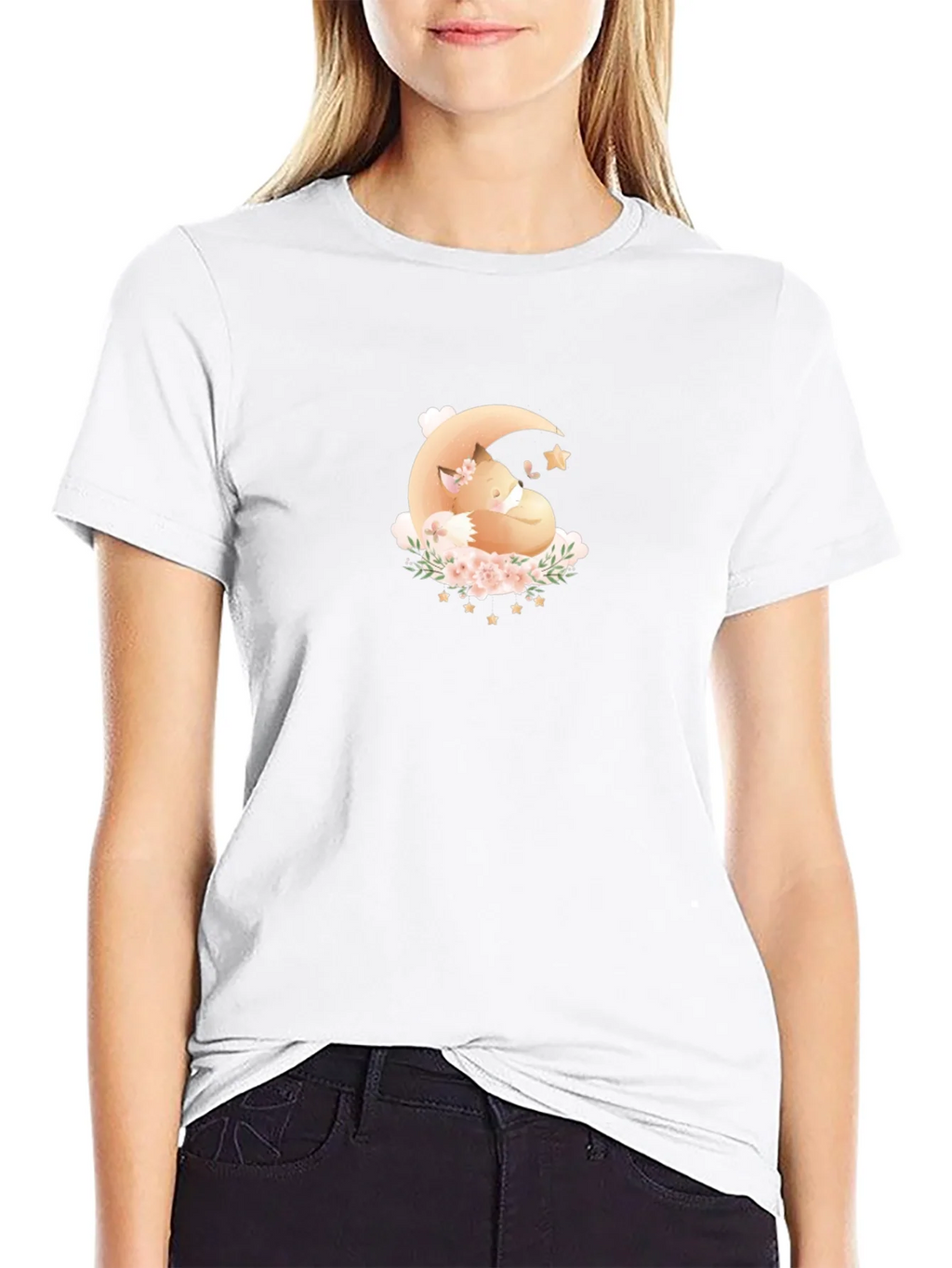 Dreamy Fox Moon Graphic Black T-Shirt product image 7