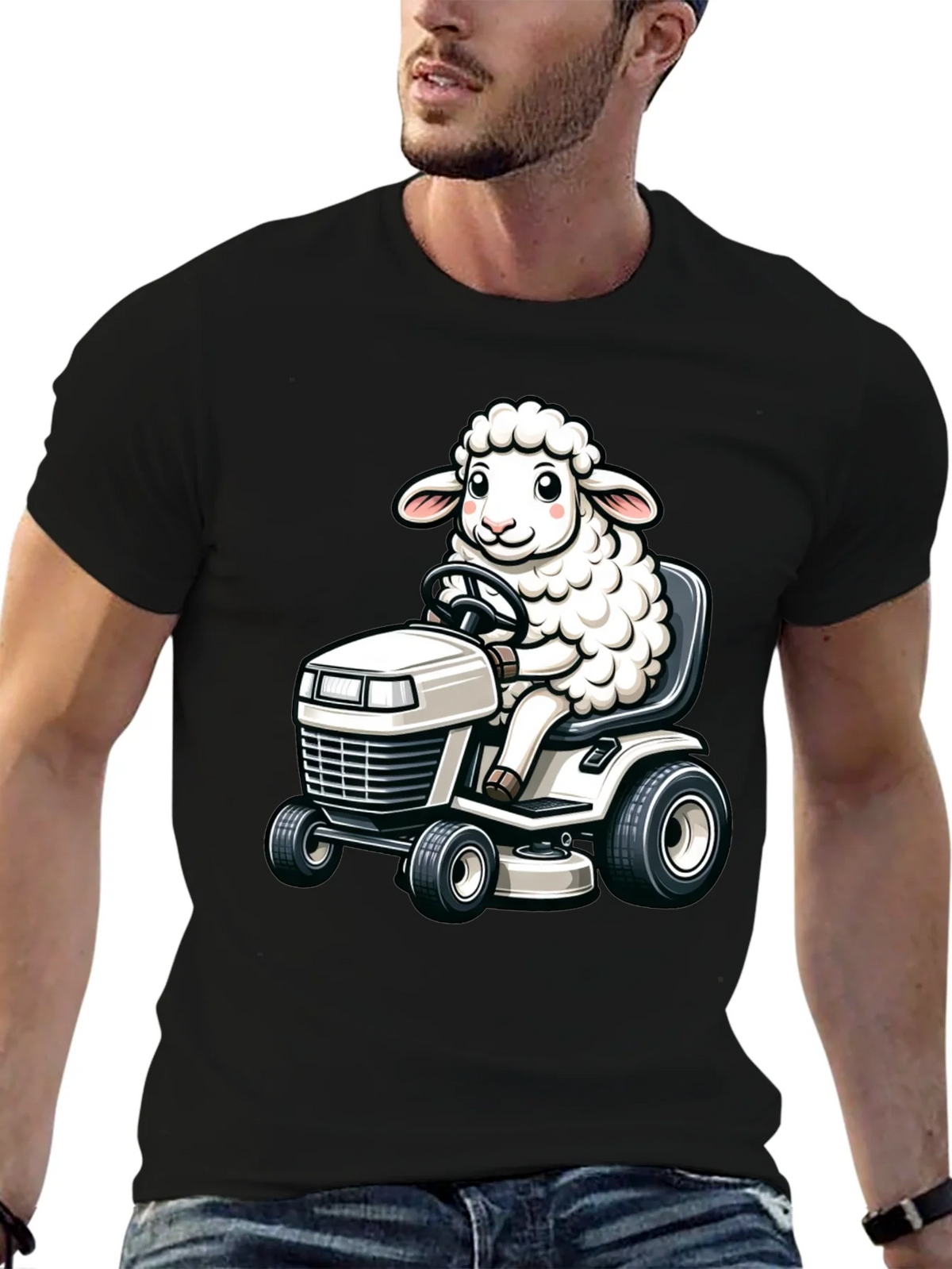 Sheep on Lawn Mower T-Shirt - Black product image 6
