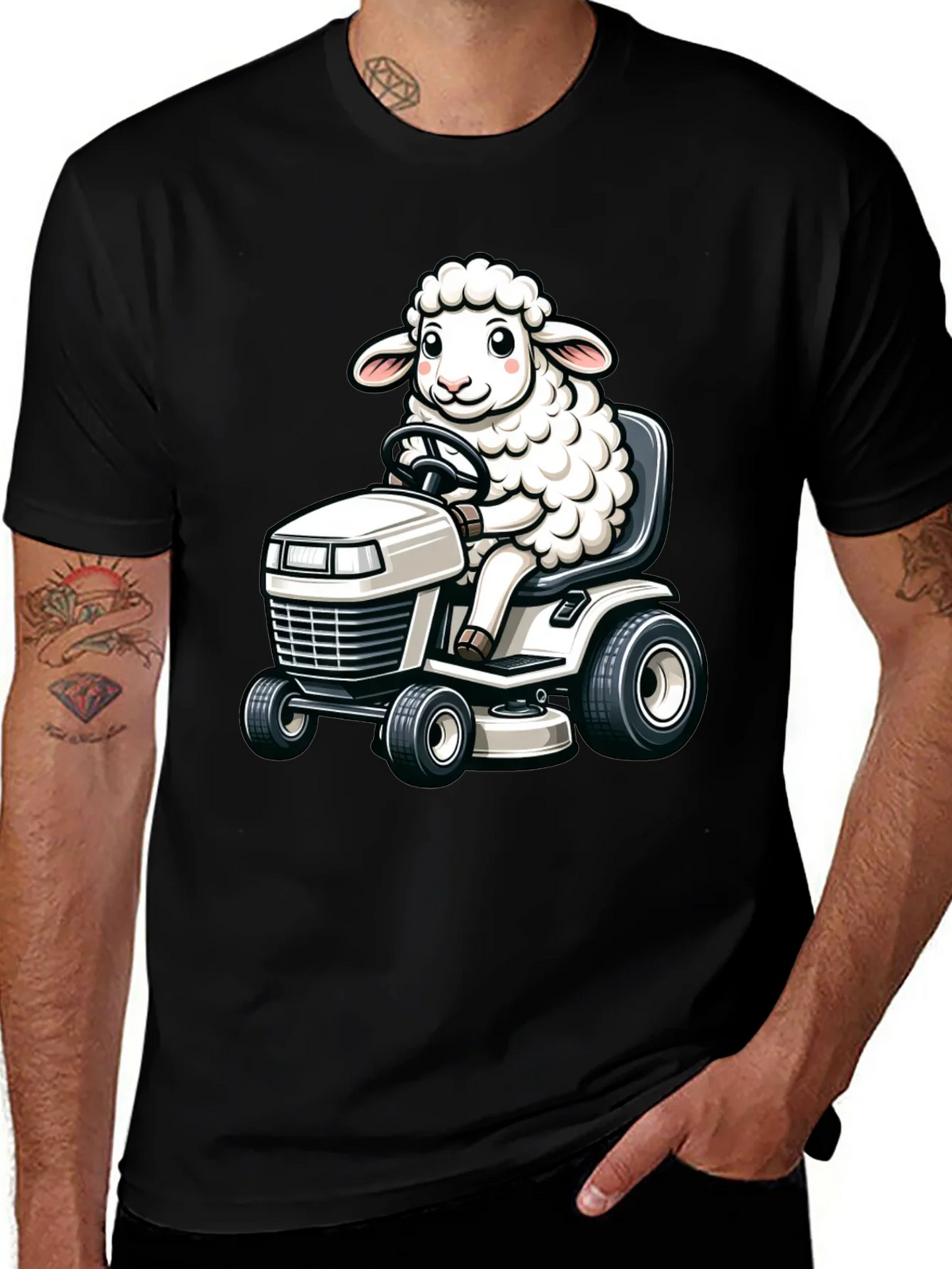Sheep on Lawn Mower T-Shirt - Black product image 1