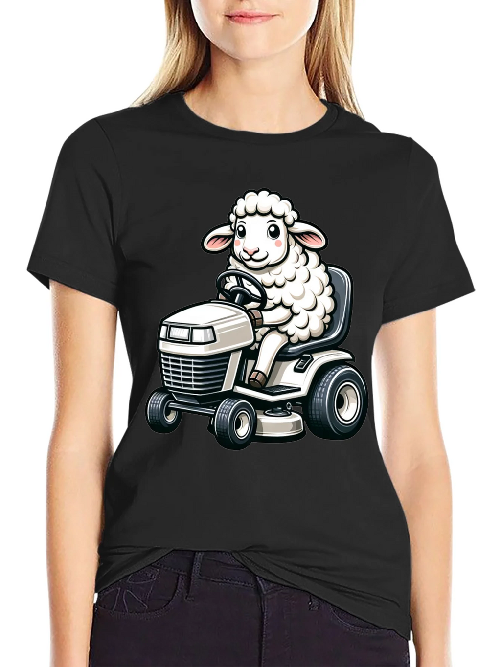 Sheep on Lawn Mower T-Shirt - Black product image 2