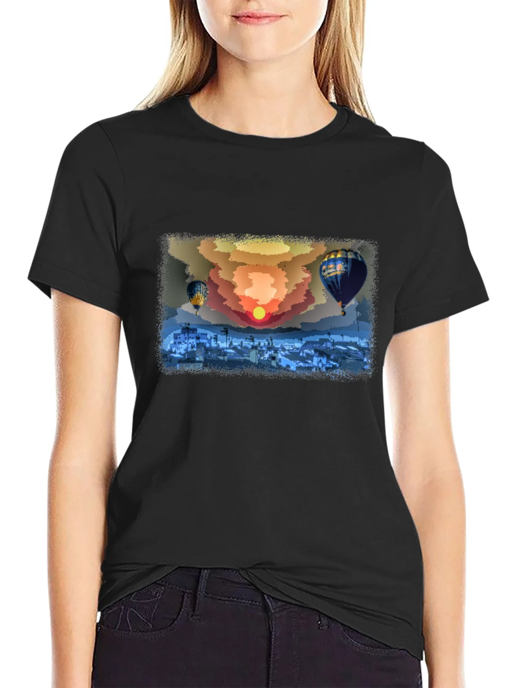Hot Air Balloon Sunset Graphic Tee - Black Cotton Comfort product image 2