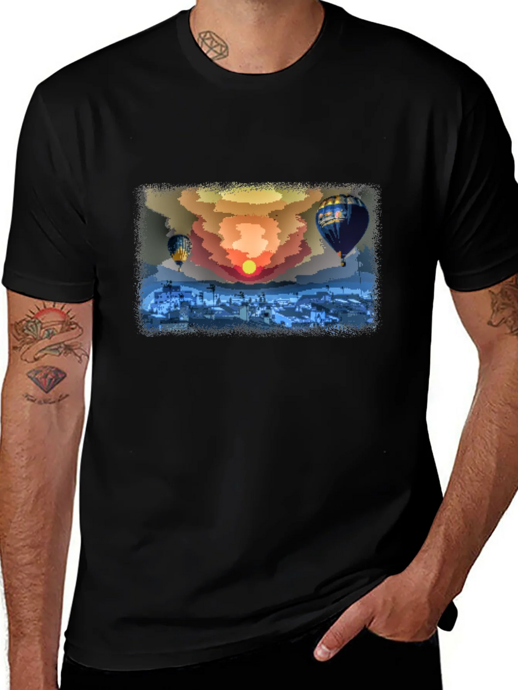 Hot Air Balloon Sunset Graphic Tee - Black Cotton Comfort product image 1