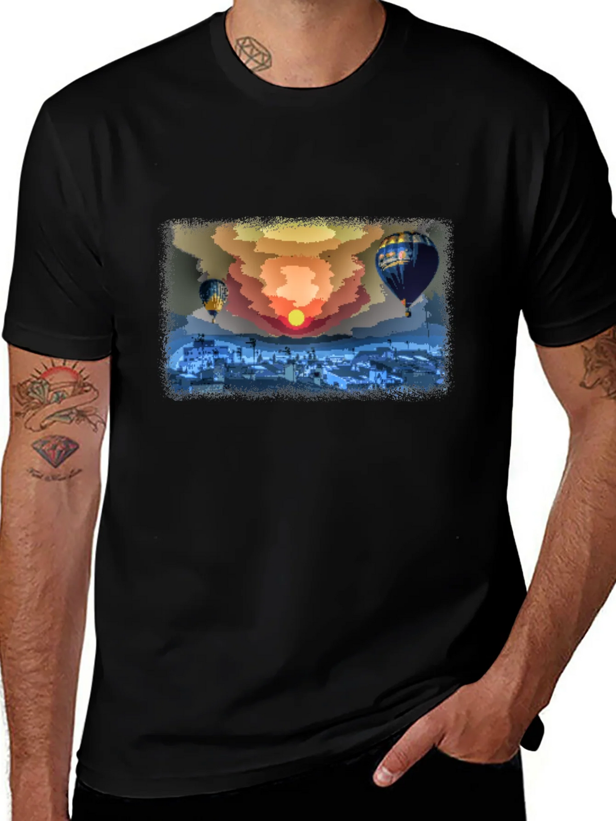 Hot Air Balloon Sunset Graphic Tee - Black Cotton Comfort product image 1