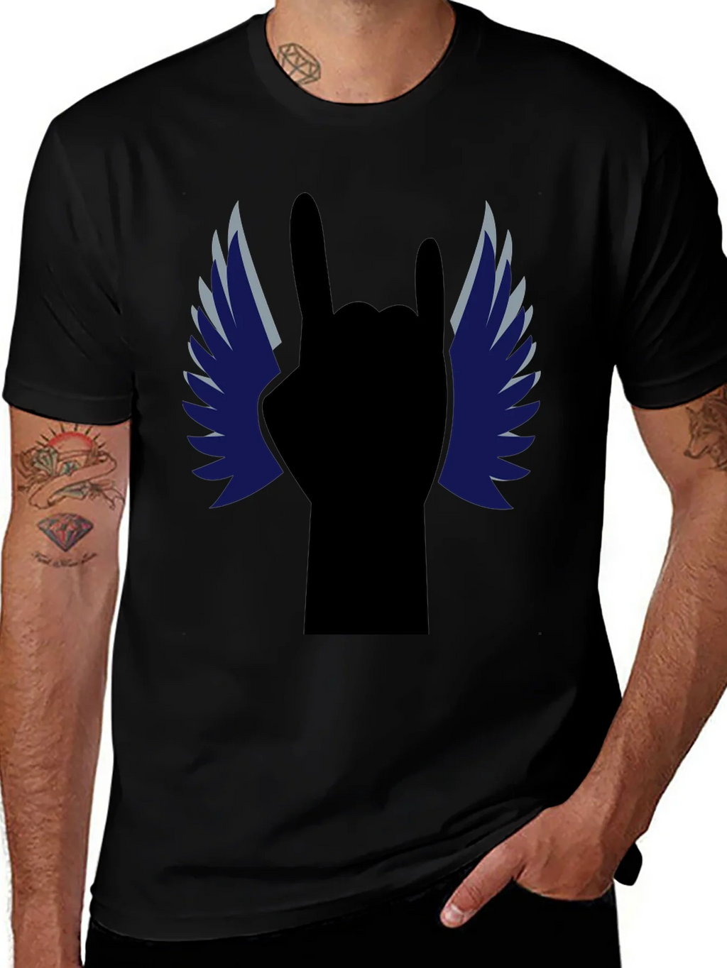 Rock On! Winged Hand Black T-Shirt product image 1