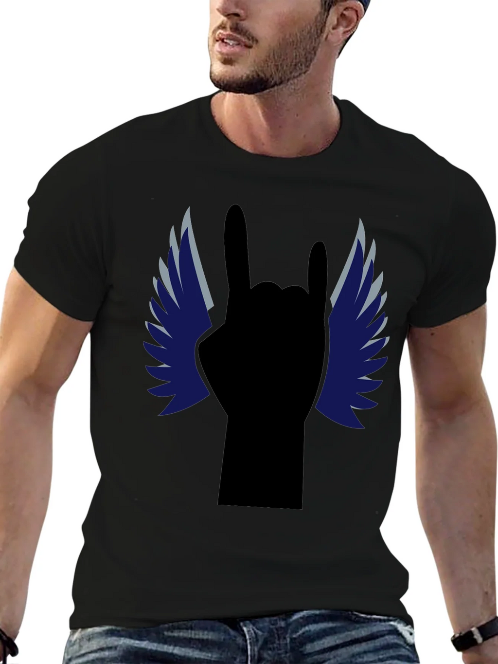 Rock On! Winged Hand Black T-Shirt product image 6