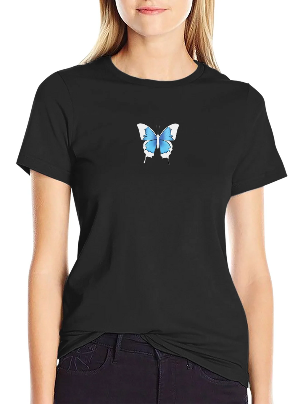 Mens Black T-Shirt with Blue Butterfly Graphic product image 2