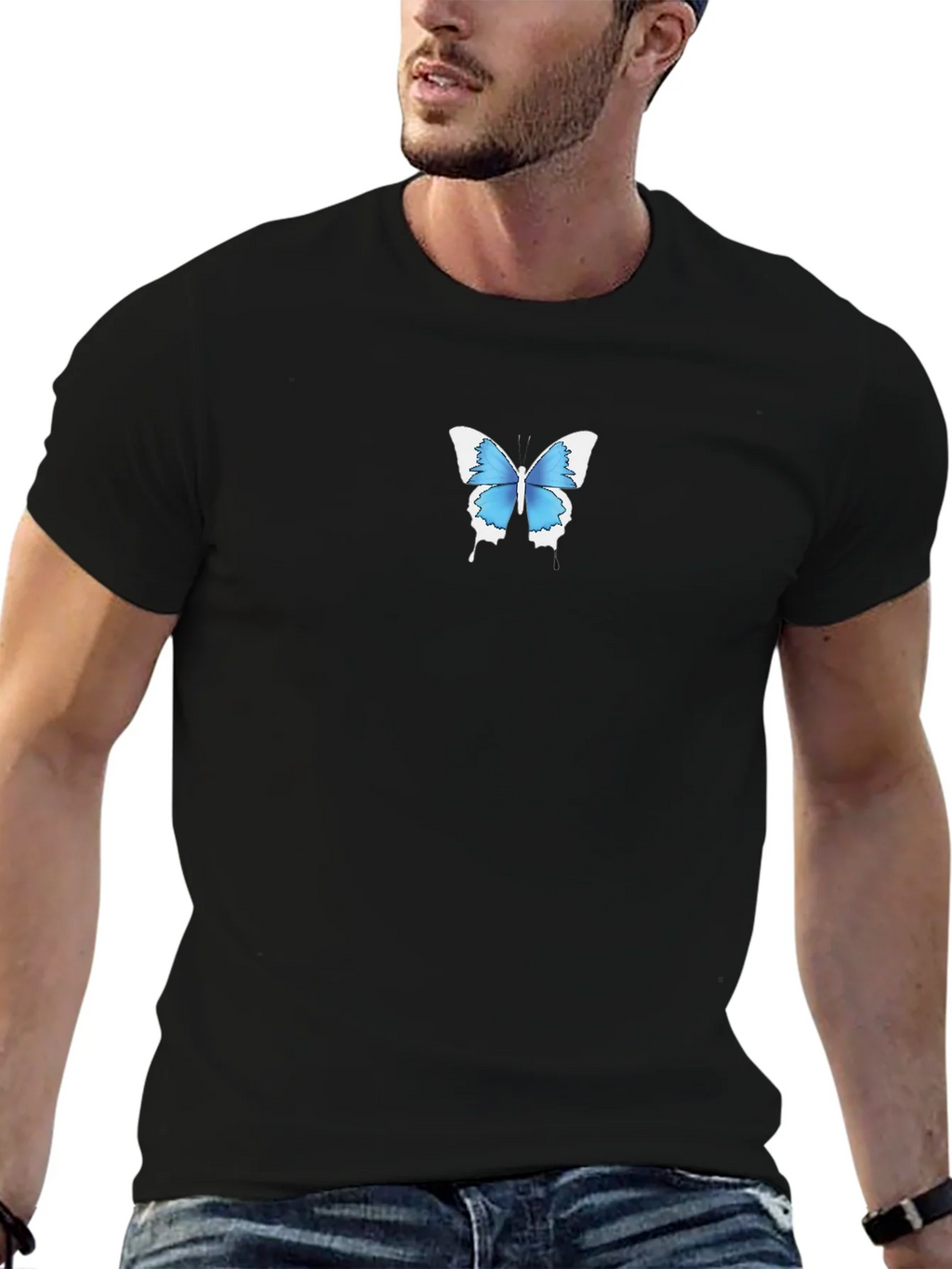 Mens Black T-Shirt with Blue Butterfly Graphic product image 6