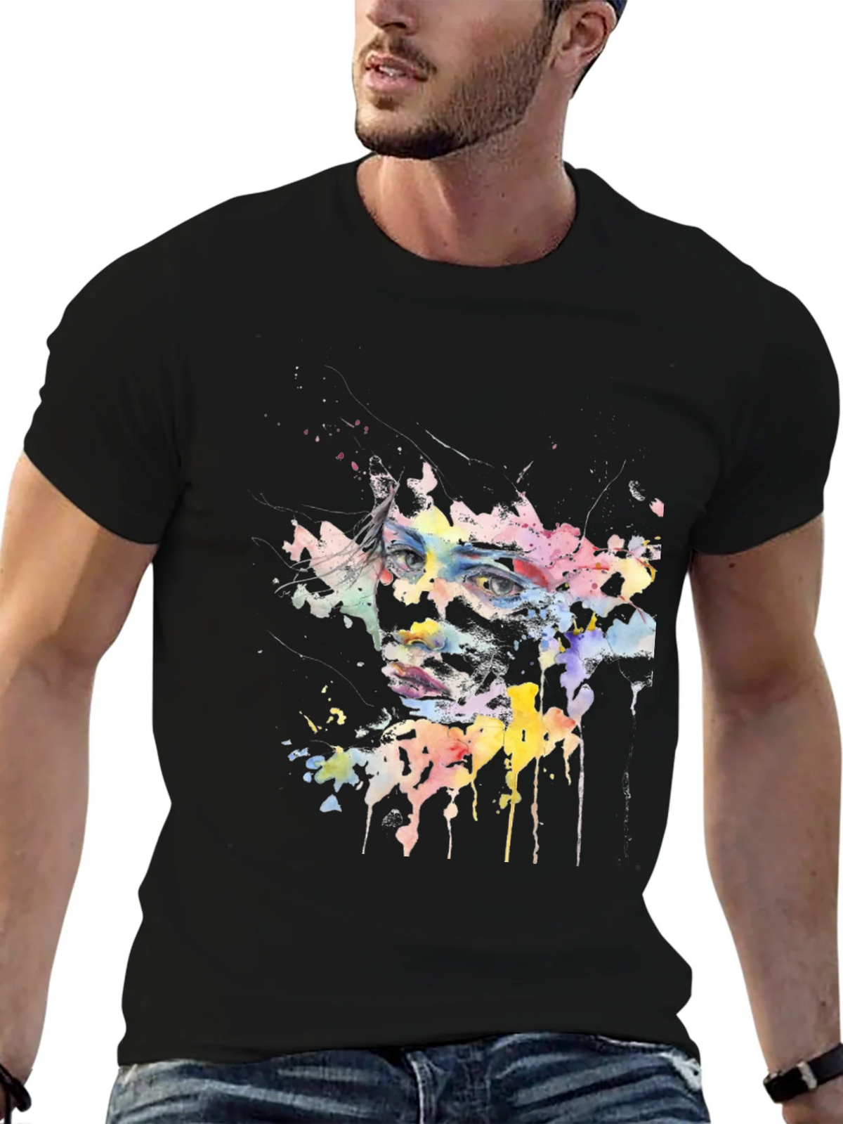 Abstract Watercolor Face Black T-Shirt product image 6