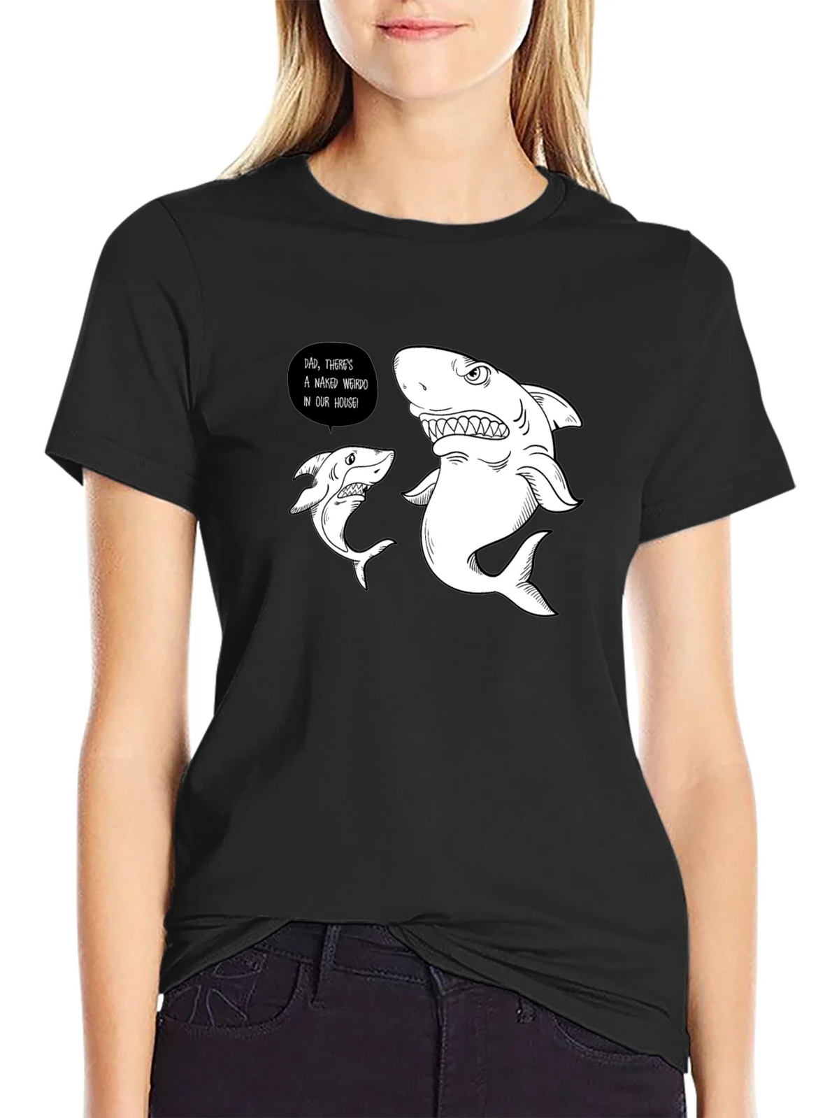 Funny Shark Graphic Print Black T-Shirt product image 2