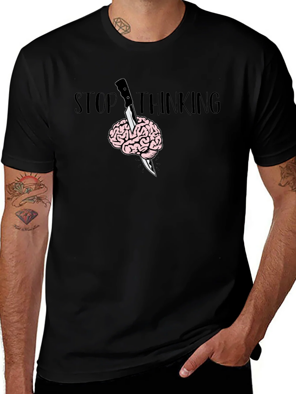Stop Thinking Graphic T-Shirt - Brain Knife Tee product image 1