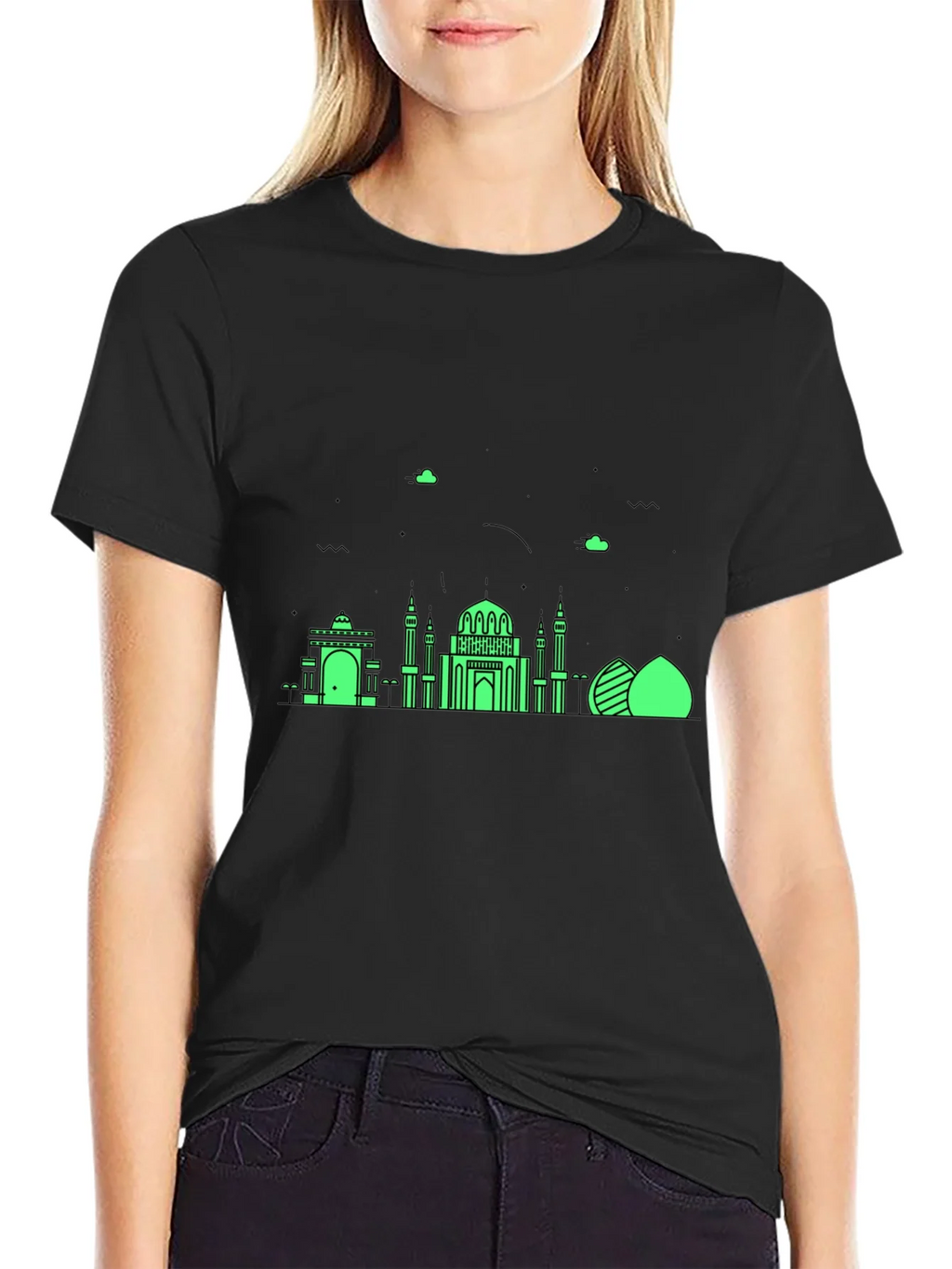 Black T-Shirt with Green Architectural Design product image 2