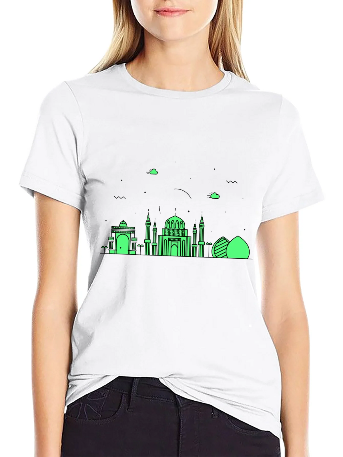 Black T-Shirt with Green Architectural Design product image 8