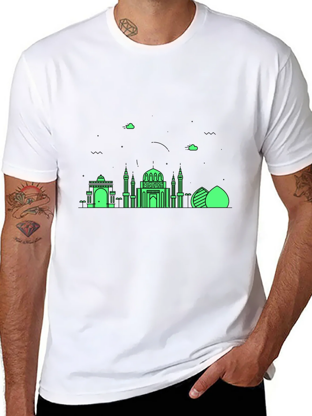 Black T-Shirt with Green Architectural Design product image 7
