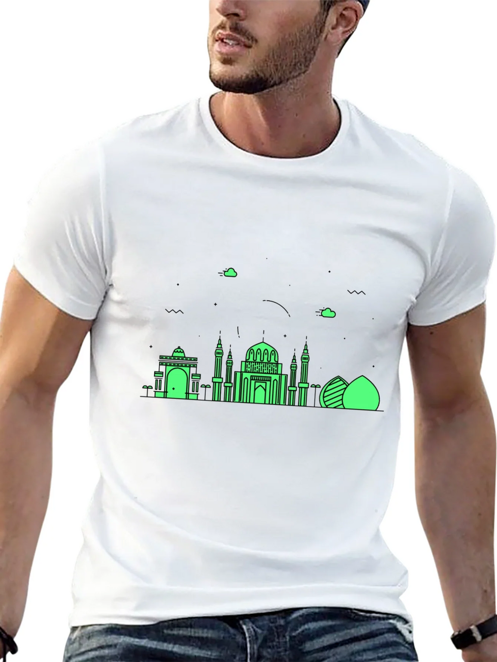 Black T-Shirt with Green Architectural Design product image 12