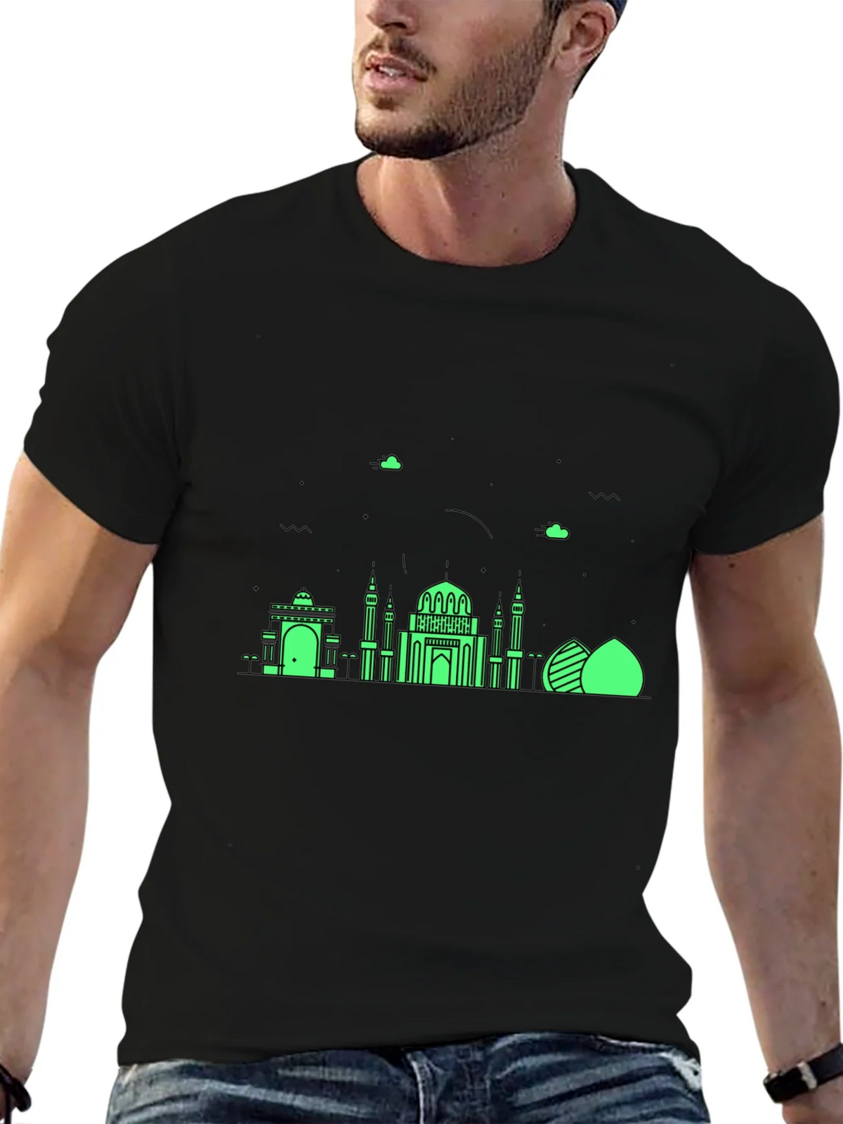 Black T-Shirt with Green Architectural Design product image 6