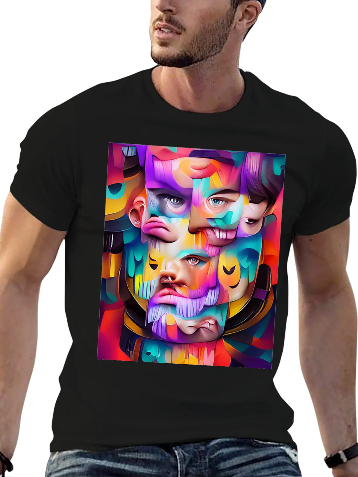 Abstract Face Art Graphic Print Black T-Shirt product image 6