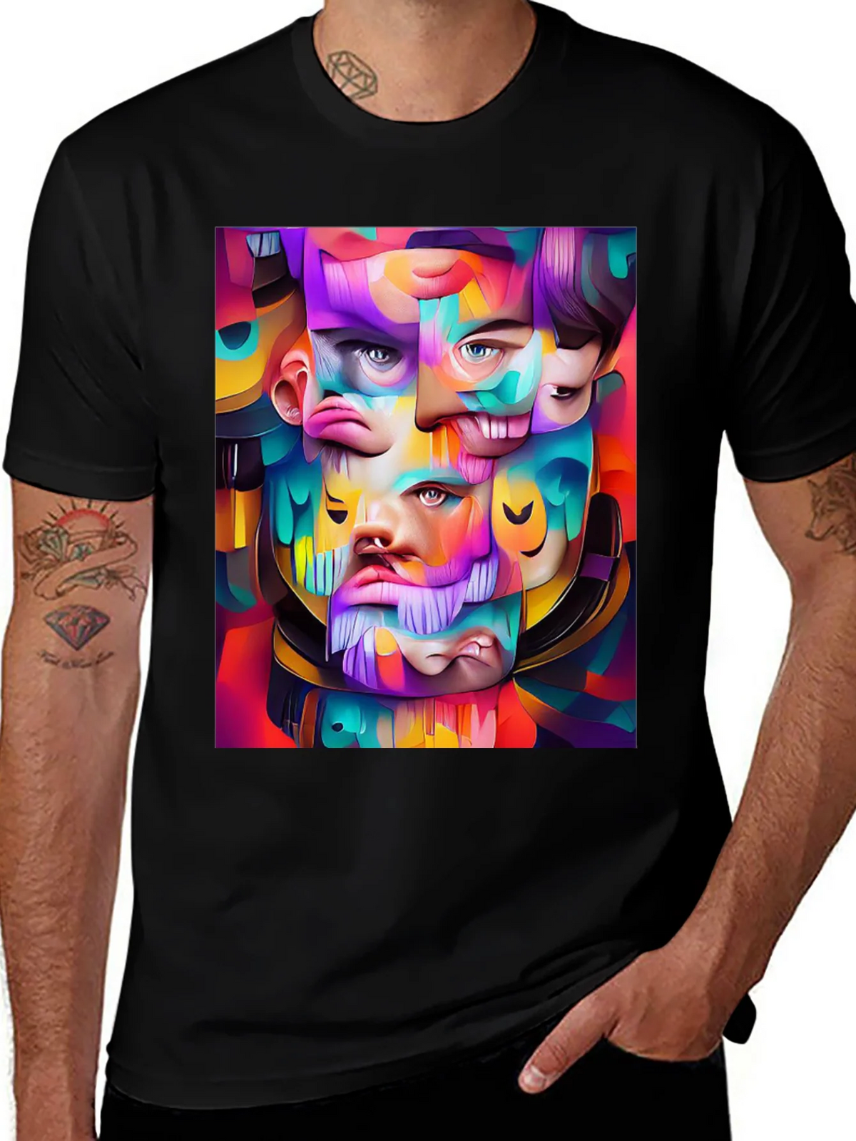 Abstract Face Art Graphic Print Black T-Shirt product image 1